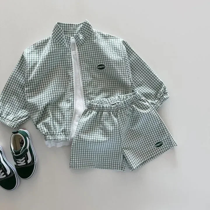 Boys Korean Plaid Sun Coat & Shorts Set – Long Sleeve Zipper 2-Piece Summer Outfit
