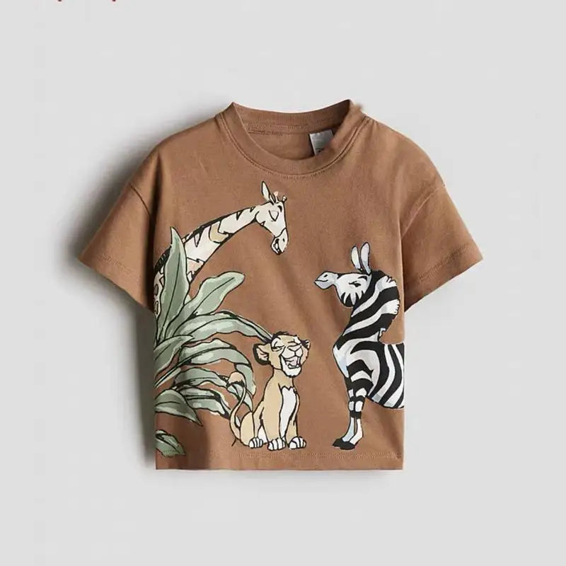 Boys Cartoon Print Round Neck Short Sleeve Top – Cute Solid Summer Tee