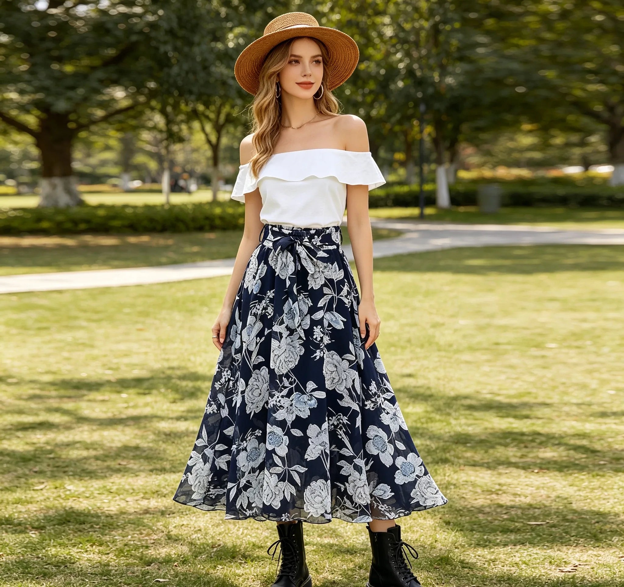 Women's Floral Print Chiffon A-Line Beach Midi Skirt – Casual Elastic Waist Plus Size