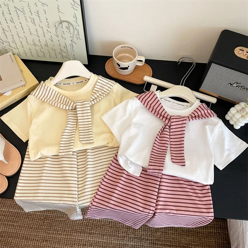 Girls Striped Shawl T-Shirt & Pants Set – Casual 2-Piece Summer Outfit Ages 1–12