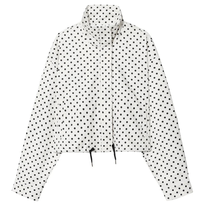 Women's Polka Dot Oversized Bomber Jacket – Long Sleeve Zip-Up Crop Aviator Coat