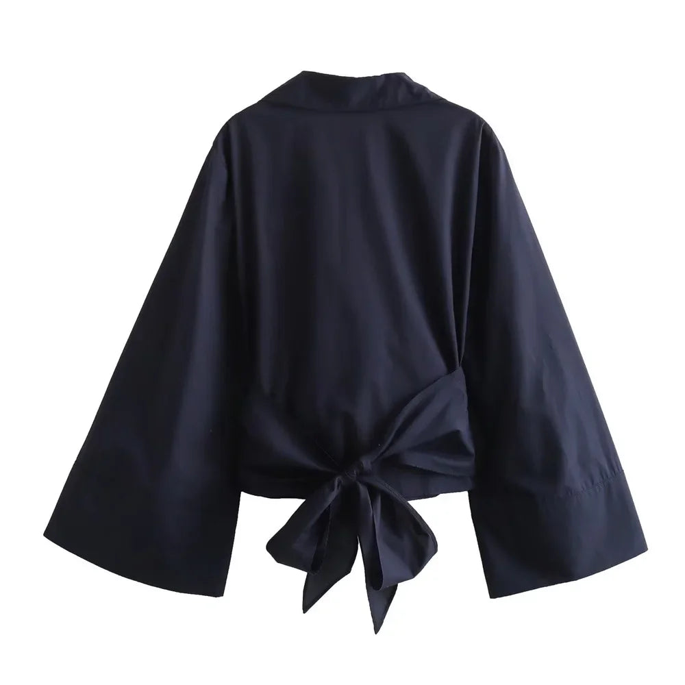 Women's Polo Neck Bow Tie Double-Breasted Poplin Shirt – Fashion Casual Short Top