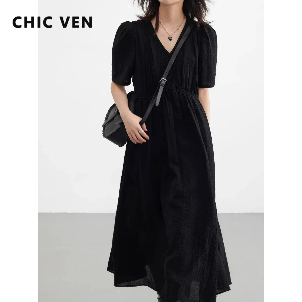 CHIC VEN Fashion Women Dresses Vintage V-neck Puff Sleeve Long Dress Solid White Loose Female Clothing Summer New 2026