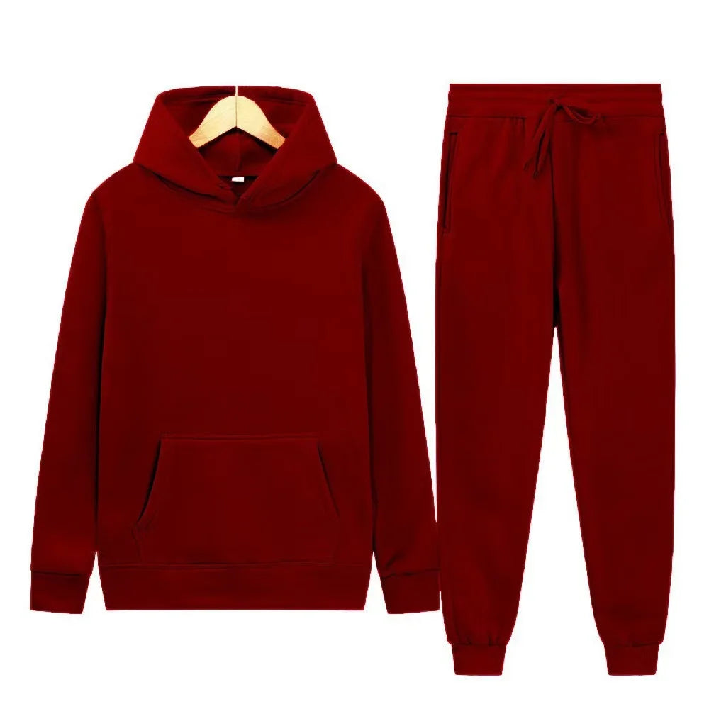 Men's Solid Color Hoodie & Pants 2-Piece Set – Casual Sports Tracksuit