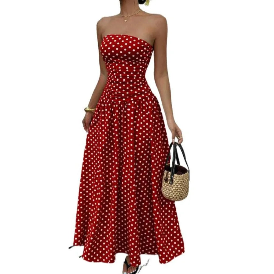 2026 - European and American spring and autumn   vacation style temperament slimming polka dot tube top jumpsuit cake skirt lon