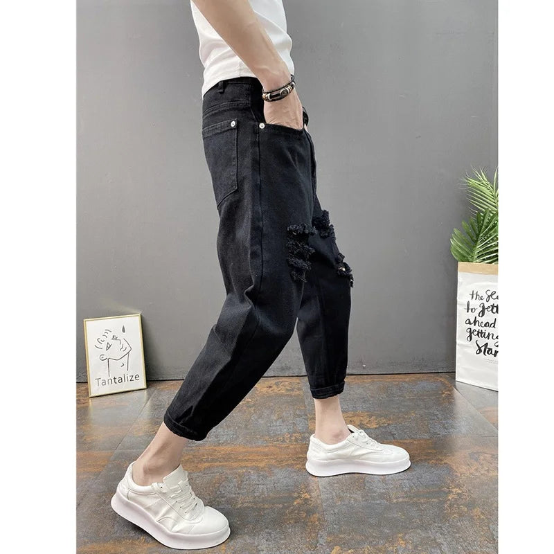 Korean Ankle-Length Distressed Jeans Men White Breathable Slim Fit Ripped Denim Pants Four Season Narrow Leg Harem Male Trousers