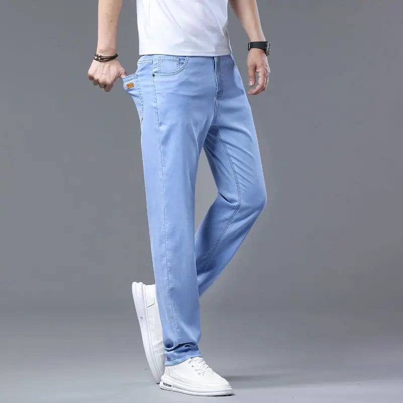 2025 Summer New Men's Sky Blue Slim Stretch Jeans Lyocell Thin Style Fashion Casual Ice silk Denim Pants Male Brand Trousers