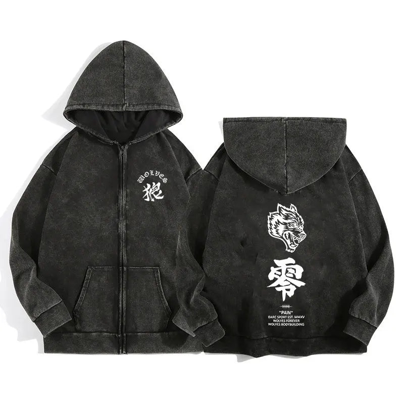 Darc Wolves Gothic Harajuku Zip Hoodie Jacket – Cotton Print Manga Sweatshirt