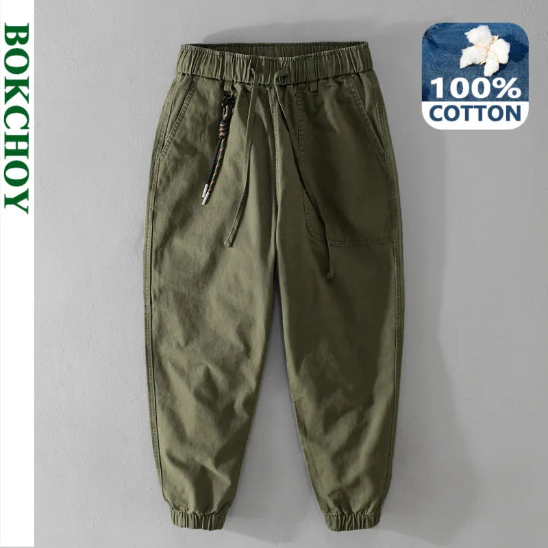 Autumn New Men's Cotton Simple Cargo Pants Casual Solid Color Elastic Waist Soft Street Joggers Men Trousers F7622