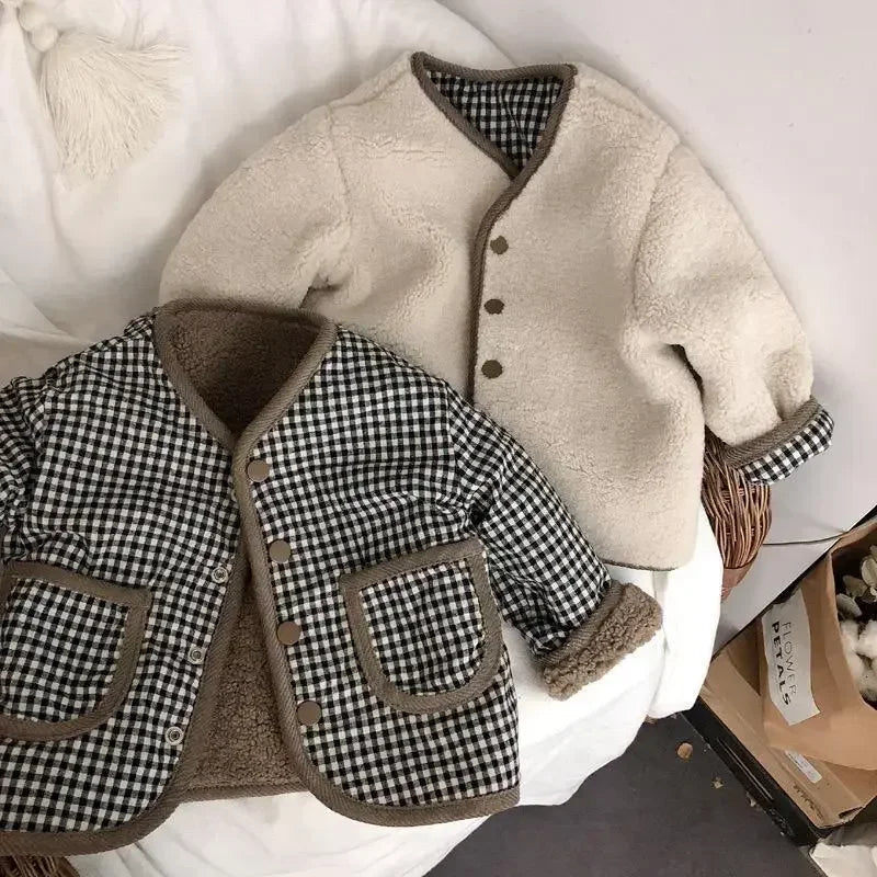 Kids Reversible Plaid Plush Jacket – Two-Sided Warm Winter Coat