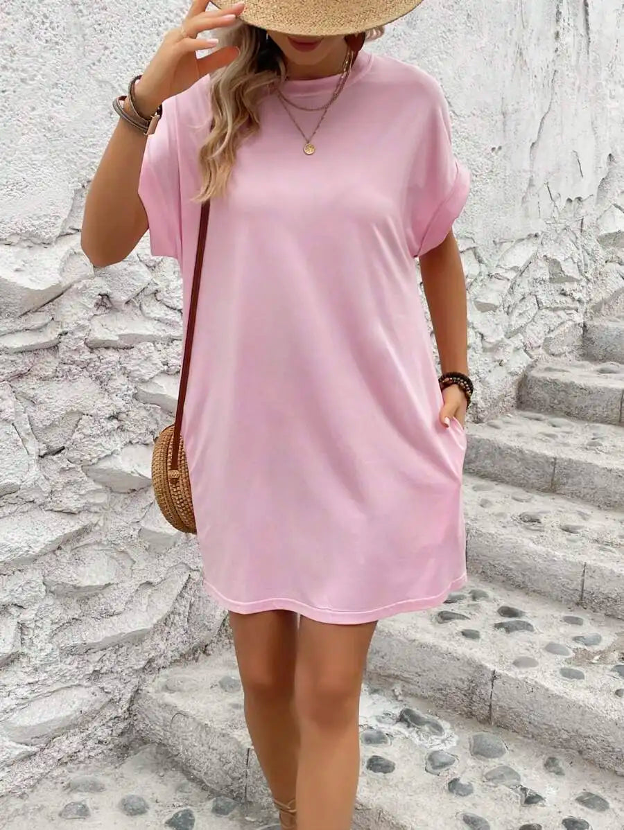 Beige Solid Batwing Sleeve Loose Mini Dress for Casual Summer Wear
