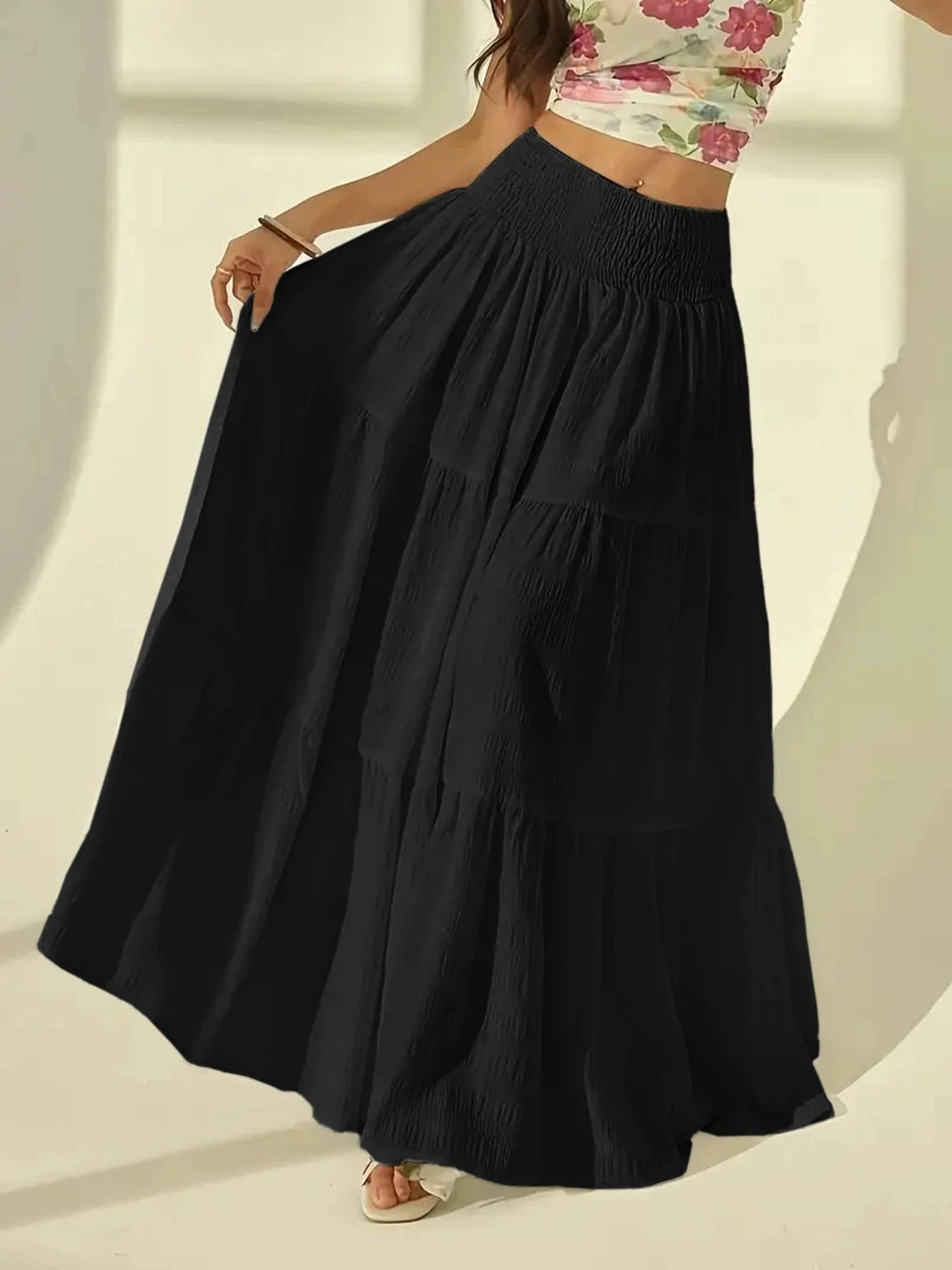 Women's Plus Size Layered Long Skirt – Casual Solid Elastic Waist Holiday Skirt