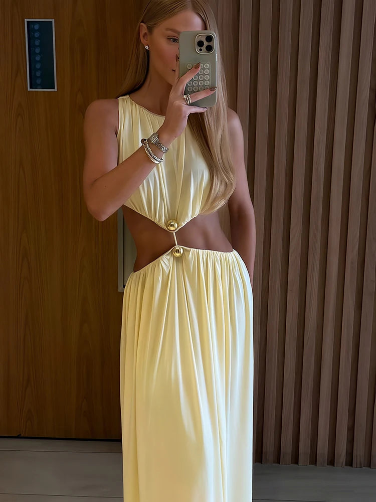Women's Metal Trim Sleeveless Skinny Prom Dress – Elegant O-Neck Party Vacation Dress