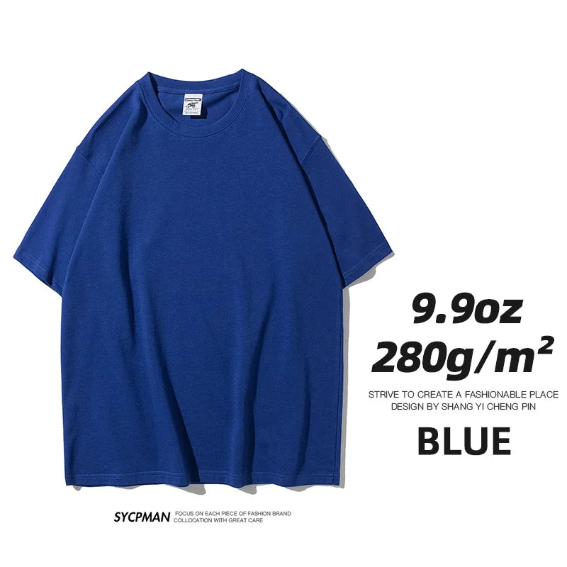 Sypcman Men's Oversized T-Shirt 9.9oz 280 Grams Heavy High Quality Short Sleeve Cotton Tee Solid Color Unisex Streetwear