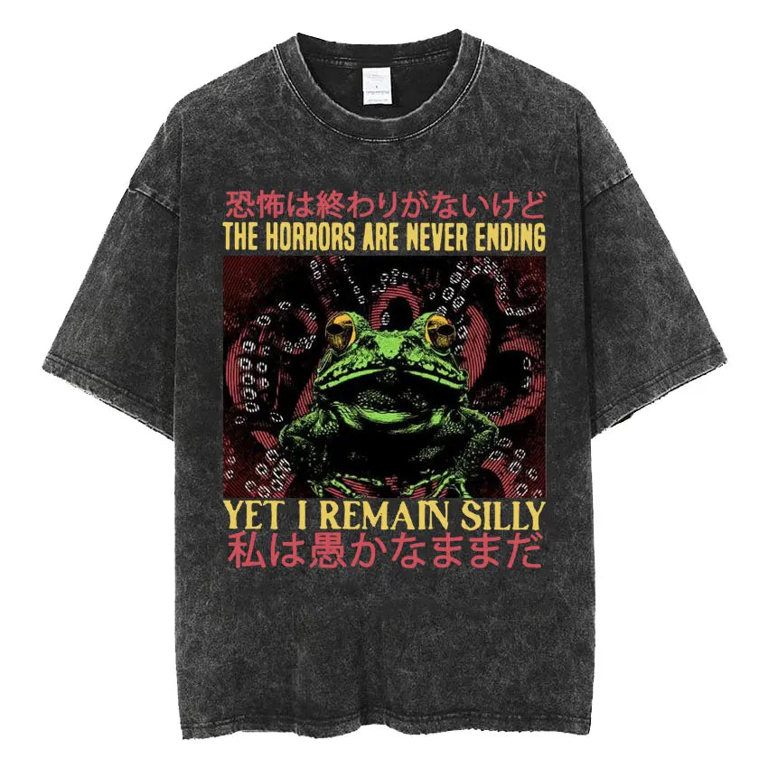 Men's Japanese Frog Retro Washed Oversized T-Shirt – Funny Graphic Streetwear Tee