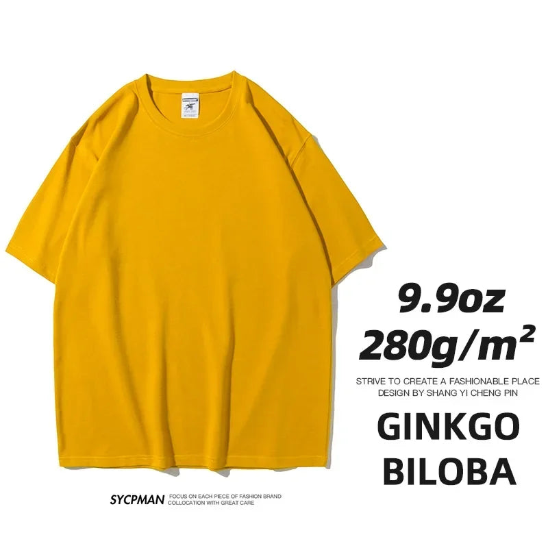9.9oz 280gsm High Qualtity Oversized Heavy T-shirt for Men Short Sleeve Tee Cotton Solid Color Trend Leisure Green White Black